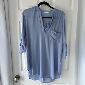 Lush Soft Blue Roll-Tab Sleeve Blouse